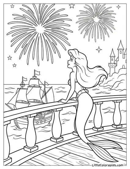Ariel Looking at the Fireworks from the Ship Coloring Page