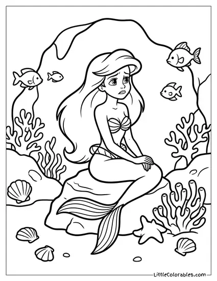 Ariel Looking Sad in the Grotto Coloring Page