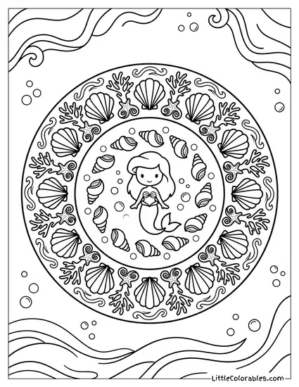 Ariel Mandala Pattern with Seashells Coloring Page
