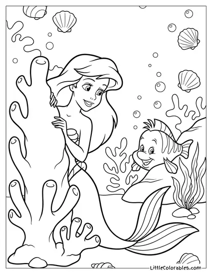 Ariel Playing Hide and Seek with Flounder Coloring Page