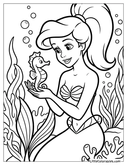Ariel Playing with a Seahorse Coloring Page