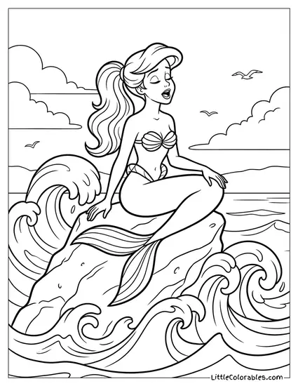 Ariel Singing on a Rock with Waves Crashing Coloring Page