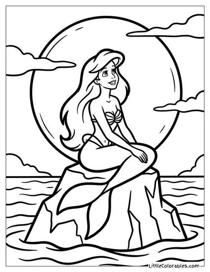 Ariel Sitting on a Rock Silhouette Against the Moon Coloring Page