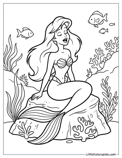 Ariel Sitting on a Rock Singing Part of Your World Coloring Page