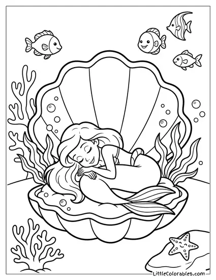 Ariel Sleeping in a Giant Clam Shell Coloring Page