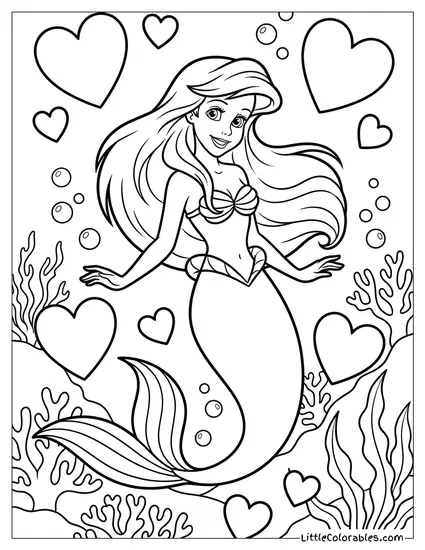 Ariel Surrounded by Hearts Coloring Page