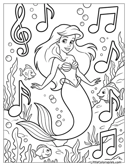 Ariel Surrounded by Musical Notes Coloring Page
