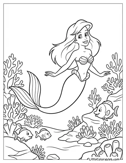 Ariel Swimming Near the Sea Floor Coloring Page
