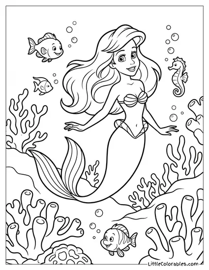 Ariel Swimming Through a Coral Reef Coloring Page