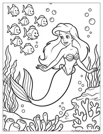 Ariel Swimming with a School of Fish Coloring Page