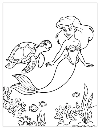 Ariel Swimming with a Sea Turtle Coloring Page
