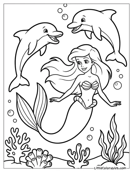 Ariel Swimming with Dolphins Coloring Page