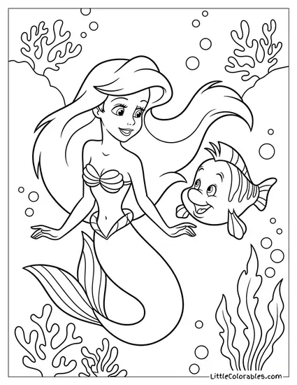 Ariel Swimming with Flounder Coloring Page