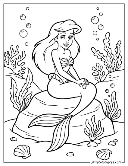Ariel the Little Mermaid Sitting on a Rock Coloring Page