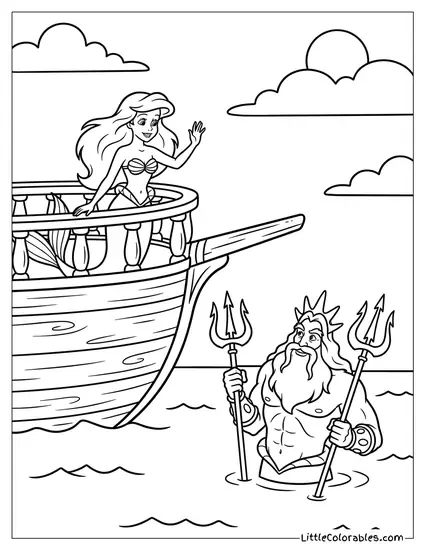 Ariel Waving Goodbye to King Triton from the Ship Coloring Page