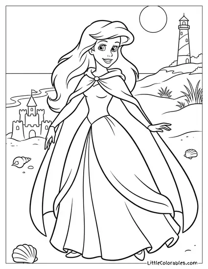 Ariel Wearing a Cape on the Beach Coloring Page