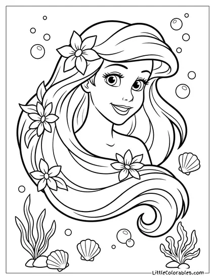Ariel with Flowers in Her Hair Coloring Page