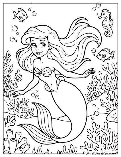 Ariel with Flowing Hair Underwater Coloring Page