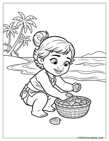 Baby Moana Collecting Seashells on the Beach Coloring Page