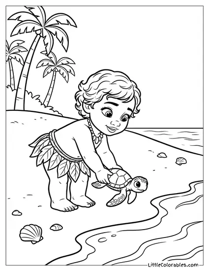 Baby Moana Helping a Baby Sea Turtle Coloring Page