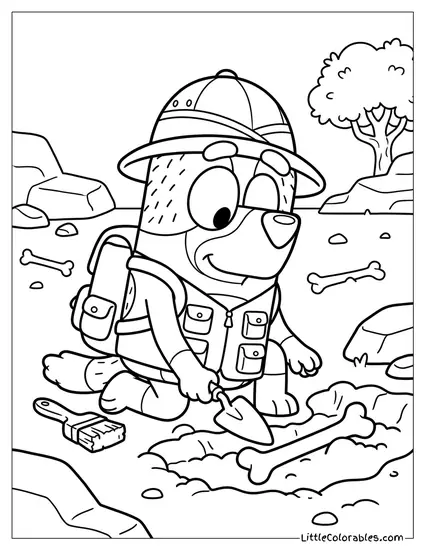 Bandit Dressed as an Archaeologist Digging Bones Bluey Coloring Page