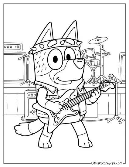 Bandit Dressed as an 80s Rock Star Bluey Coloring Page