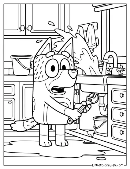 Bandit Trying to Fix a Leak and Getting Soaked Bluey Coloring Page