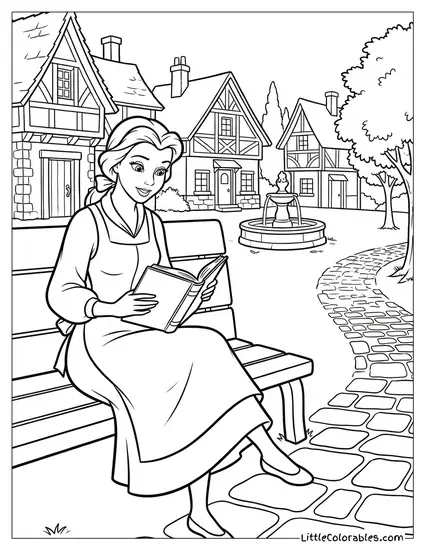 Belle Reading a Book in the Village Coloring Page