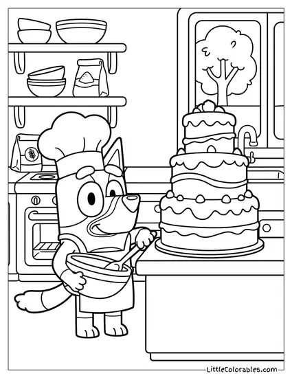 Bingo Baking a Giant Cake Bluey Coloring Page
