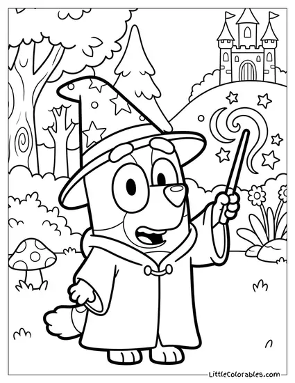 Bingo Dressed as a Wizard Casting Spells Bluey Coloring Page