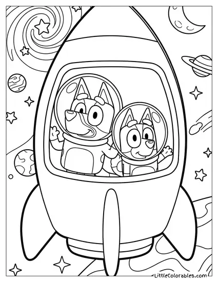 Bluey and Bingo Exploring Space in a Rocket Bluey Coloring Page