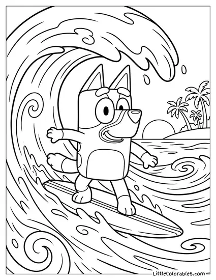 Bluey Surfing on a Big Wave Bluey Coloring Page