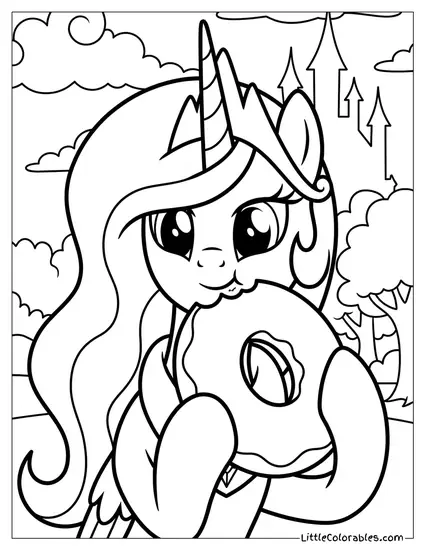 Celestia Eating a Giant Donut My Little Pony Coloring Page