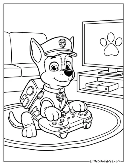 Chase Playing Video Games with a Controller PAW Patrol Coloring Page