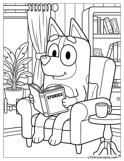 Chilli Heeler Relaxing with a Book Bluey Coloring Page
