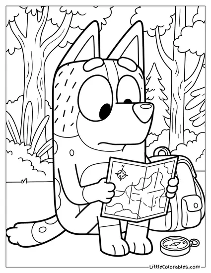 Chilli Reading a Map Upside Down Bluey Coloring Page