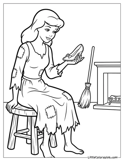 Cinderella Back in Her Rags Holding the Other Slipper Coloring Page