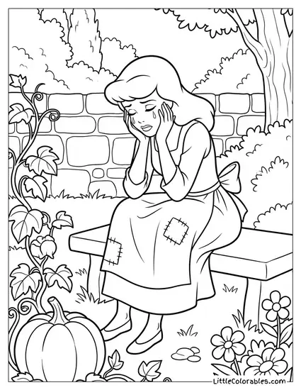 Cinderella Crying in the Garden Coloring Page