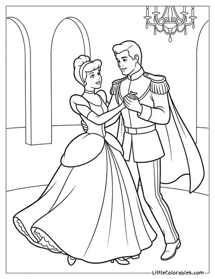 Cinderella Dancing with Prince Charming Coloring Page