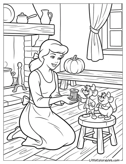 Cinderella Helping the Mice Jaq and Gus Coloring Page