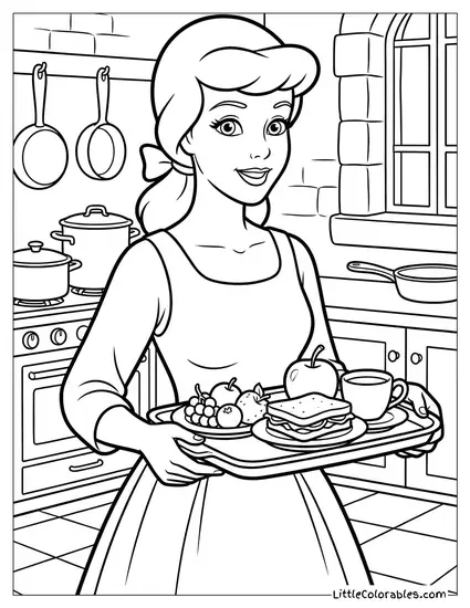 Cinderella Holding a Tray of Food Coloring Page