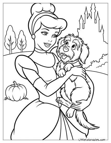 Cinderella Holding Bruno the Dog Coloring Page