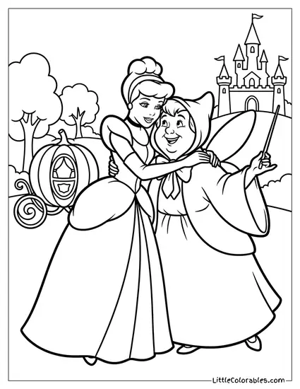 Cinderella Hugging the Fairy Godmother Coloring Page