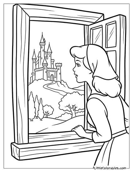 Cinderella Looking Out the Window at the Castle Coloring Page