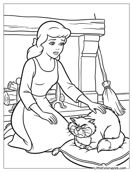 Cinderella Petting Lucifer the Cat Cautiously Coloring Page