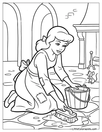 Cinderella Scrubbing the Floor on Her Knees Coloring Page