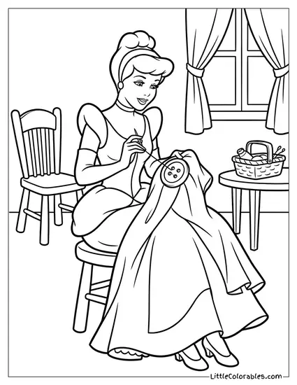 Cinderella Sewing a Button Coloring Page