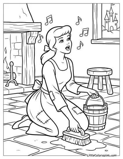 Cinderella Singing While Washing the Floor Coloring Page