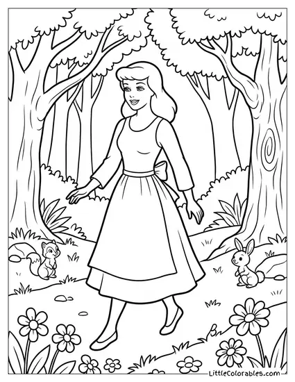 Cinderella Walking in the Forest Coloring Page