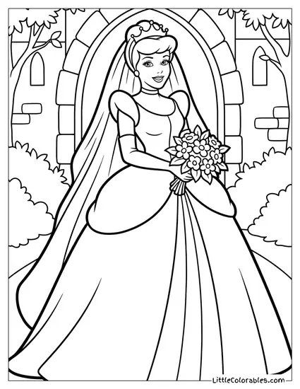 Cinderella Wearing Her Wedding Dress Coloring Page